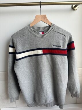 Vintage Tommy Hilfiger Grey Crewneck Sweater with Red, White & Navy Stripes